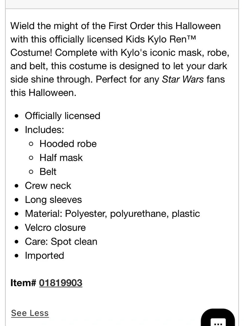Star Wars Kylo Ren Kids Costume - Black
